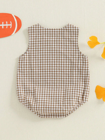 Infant Boy Football Romper Sleeveless Bubble Rompers Embroidered Rugby Gingham Bodysuit Newborn Baby Cute Fall Clothes