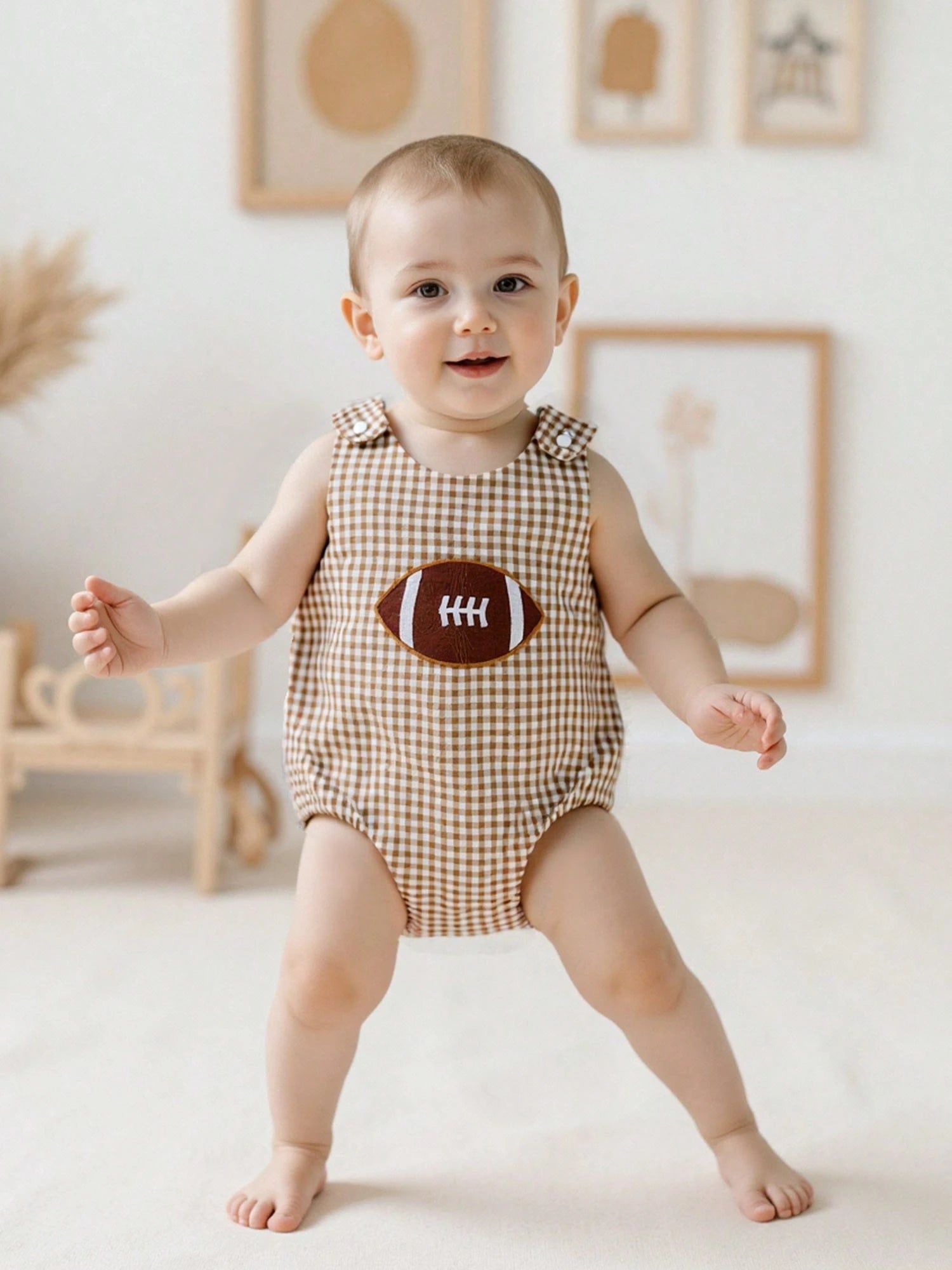 Infant Boy Football Romper Sleeveless Bubble Rompers Embroidered Rugby Gingham Bodysuit Newborn Baby Cute Fall Clothes