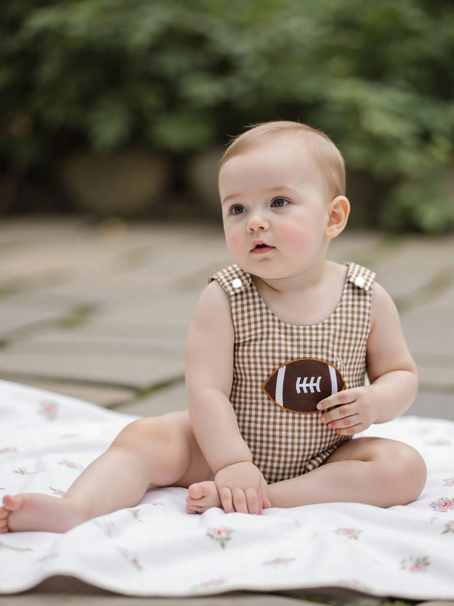 Infant Boy Football Romper Sleeveless Bubble Rompers Embroidered Rugby Gingham Bodysuit Newborn Baby Cute Fall Clothes