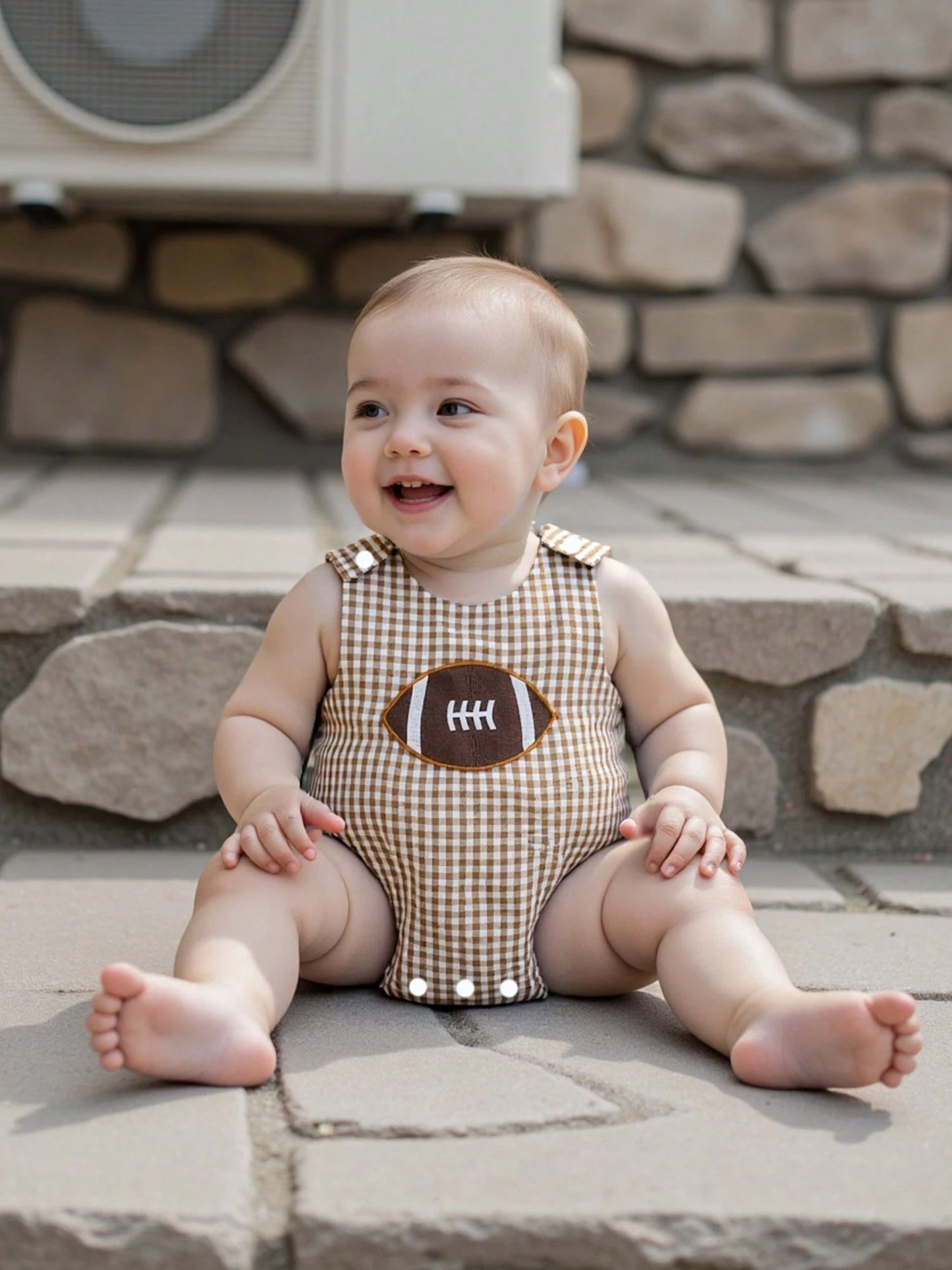 Infant Boy Football Romper Sleeveless Bubble Rompers Embroidered Rugby Gingham Bodysuit Newborn Baby Cute Fall Clothes
