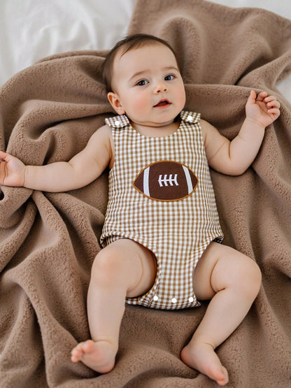 Infant Boy Football Romper Sleeveless Bubble Rompers Embroidered Rugby Gingham Bodysuit Newborn Baby Cute Fall Clothes