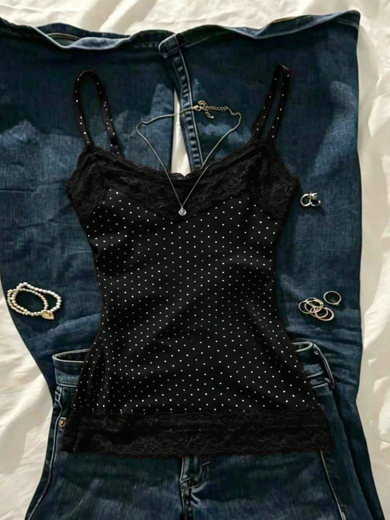 IslaSuriya Summer Slim Fit Polka Dot Contrast Lace Camisole