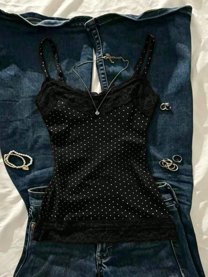 IslaSuriya Summer Slim Fit Polka Dot Contrast Lace Camisole