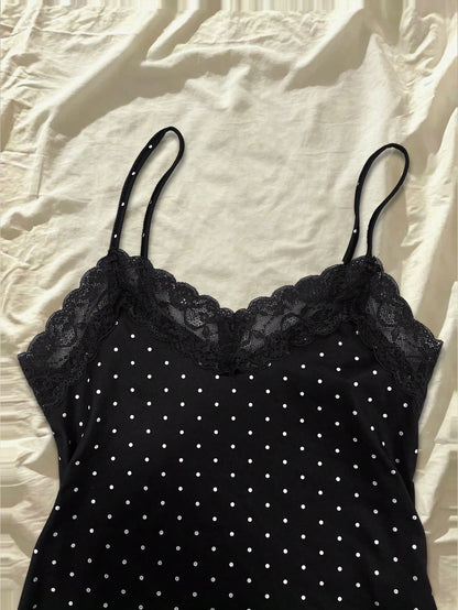 IslaSuriya Summer Slim Fit Polka Dot Contrast Lace Camisole