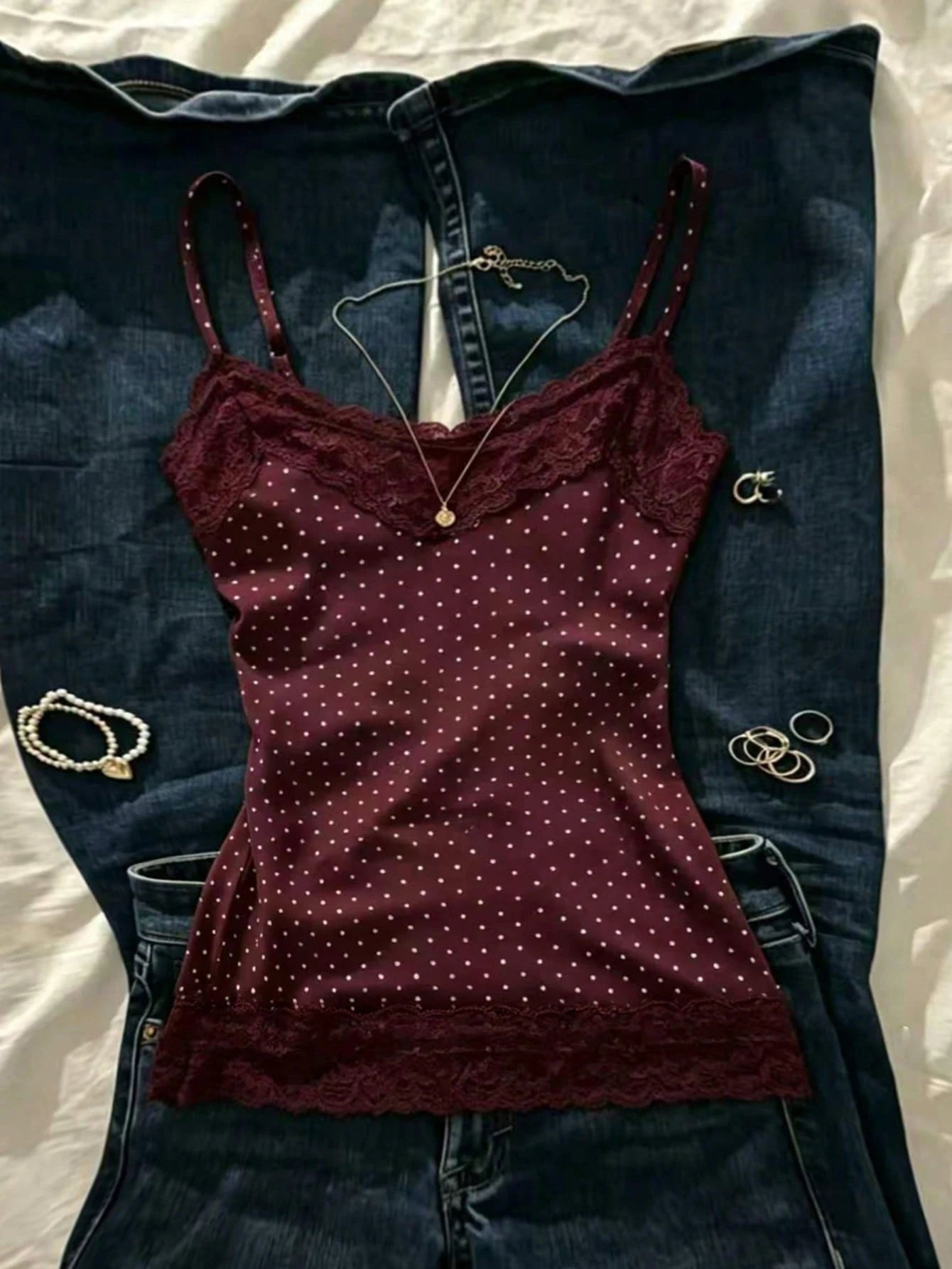 IslaSuriya Summer Slim Fit Polka Dot Contrast Lace Camisole