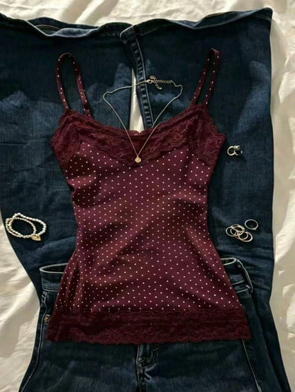 IslaSuriya Summer Slim Fit Polka Dot Contrast Lace Camisole
