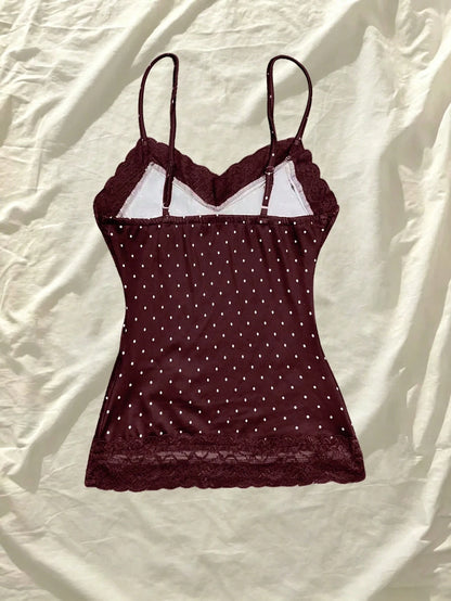 IslaSuriya Summer Slim Fit Polka Dot Contrast Lace Camisole
