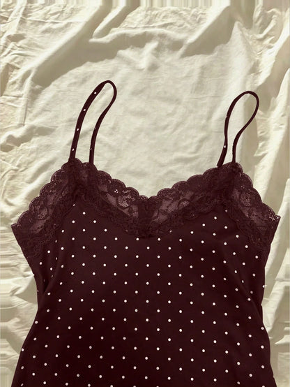 IslaSuriya Summer Slim Fit Polka Dot Contrast Lace Camisole