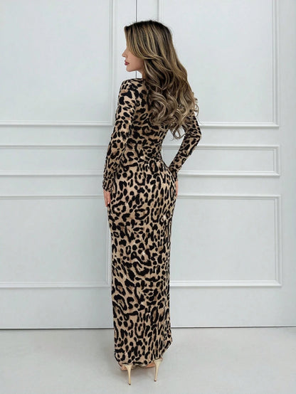 Jemour Prom Dress;Leopard Print Bodycon Long Dress For Spring & Summer Holiday Elegant Date Night Party Sexy BOHO Animal Print Leopard Print