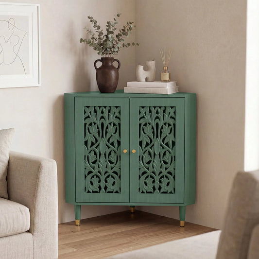 JOEMEY Retro Corner Cabinet With 2 Hollow Carved Doors And 2-Tier Shelves
