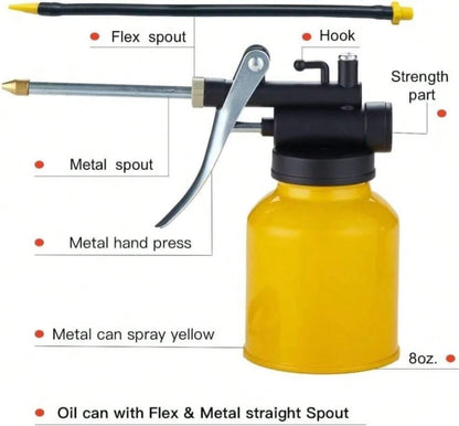 JUNCHI Hand Pump Oiler Can Professional Level 8 Oz Capacity Pump Oiler With Metal &Amp; Long Flex Spout