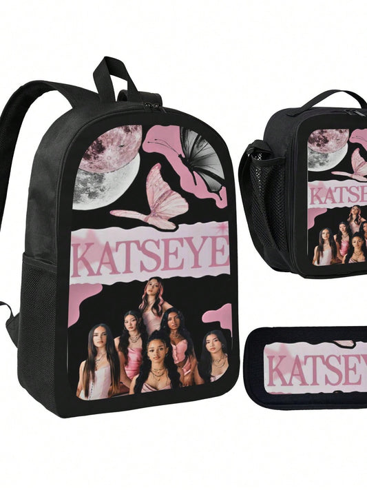 KATSEYE Backpack 3-Piece Set Cartoon Fun Backpack Pencil Case & Lunch Bag Three-Piece School Gear