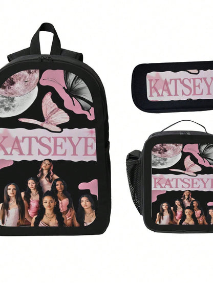 KATSEYE Backpack 3-Piece Set Cartoon Fun Backpack Pencil Case & Lunch Bag Three-Piece School Gear
