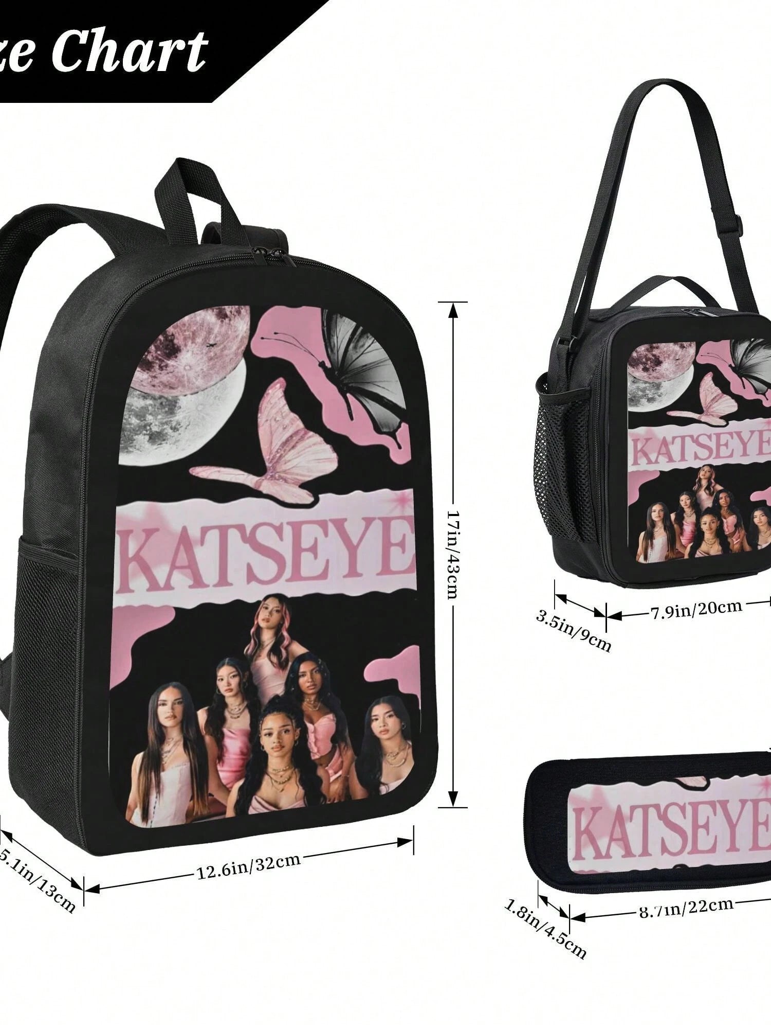 KATSEYE Backpack 3-Piece Set Cartoon Fun Backpack Pencil Case & Lunch Bag Three-Piece School Gear