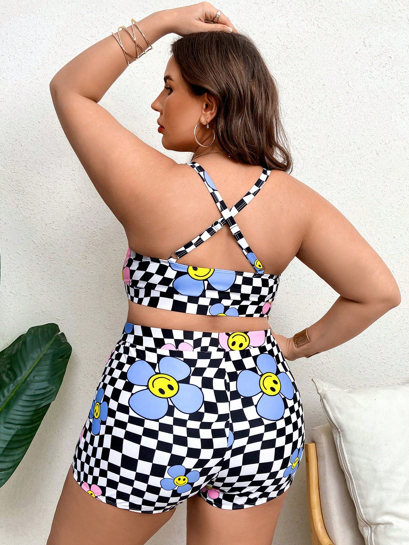 Khrim Reaper Swim Curve Artist Girlcore Summer Beach Plus Floral & Checker Print Bikini Set, Women Clothes, For Summer, Festival