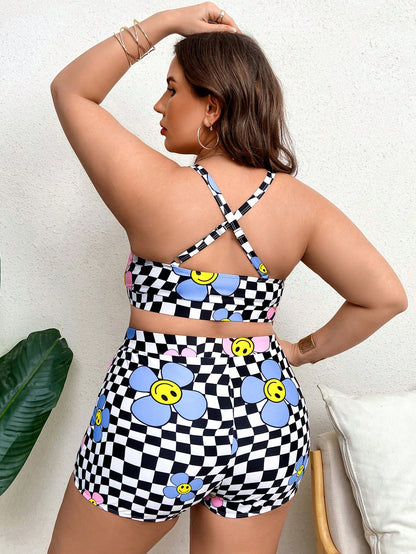 Khrim Reaper Swim Curve Artist Girlcore Summer Beach Plus Floral & Checker Print Bikini Set, Women Clothes, For Summer, Festival