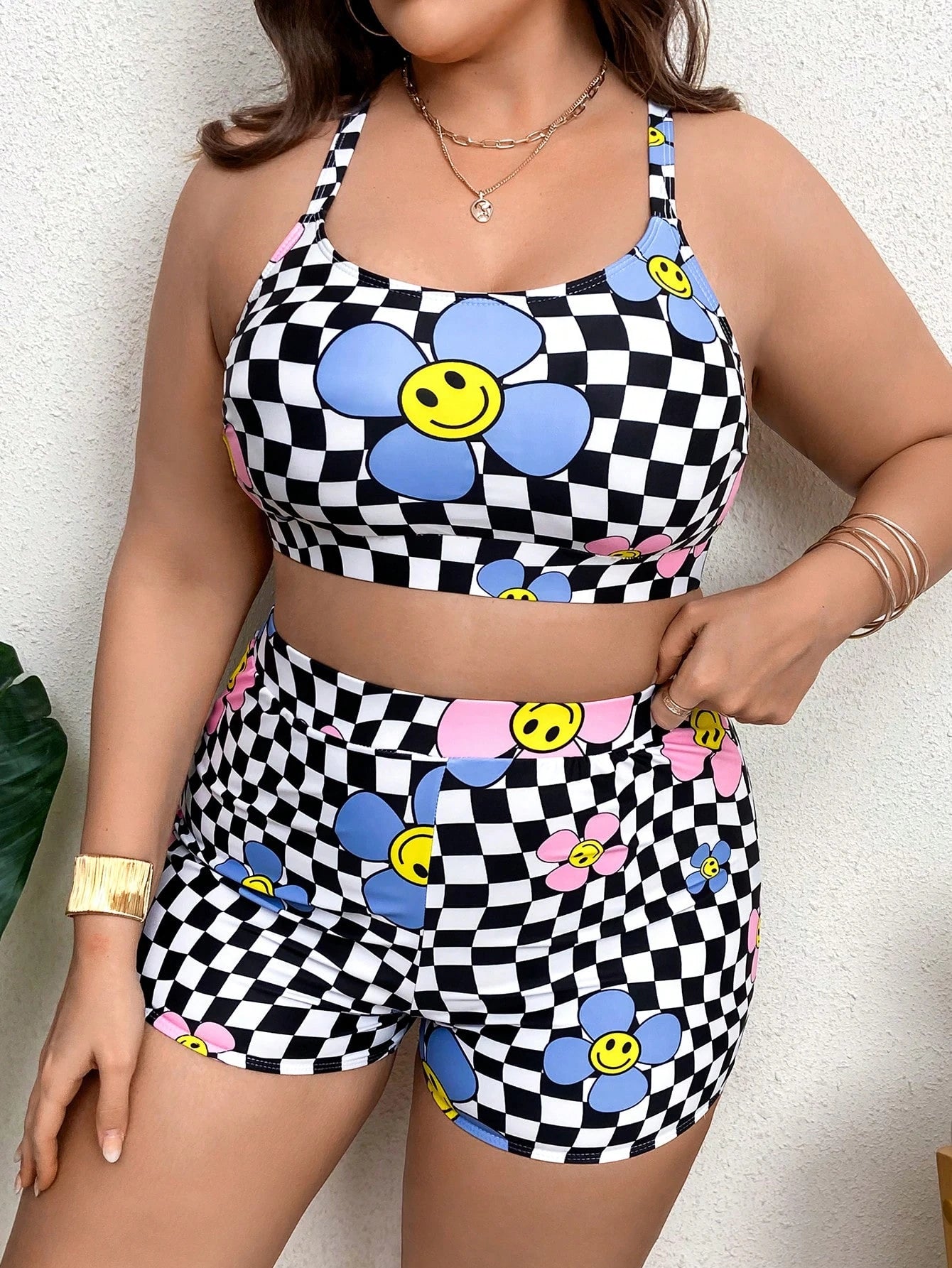 Khrim Reaper Swim Curve Artist Girlcore Summer Beach Plus Floral & Checker Print Bikini Set, Women Clothes, For Summer, Festival