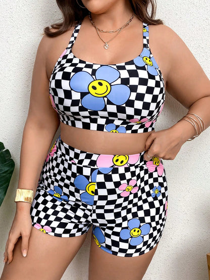 Khrim Reaper Swim Curve Artist Girlcore Summer Beach Plus Floral & Checker Print Bikini Set, Women Clothes, For Summer, Festival