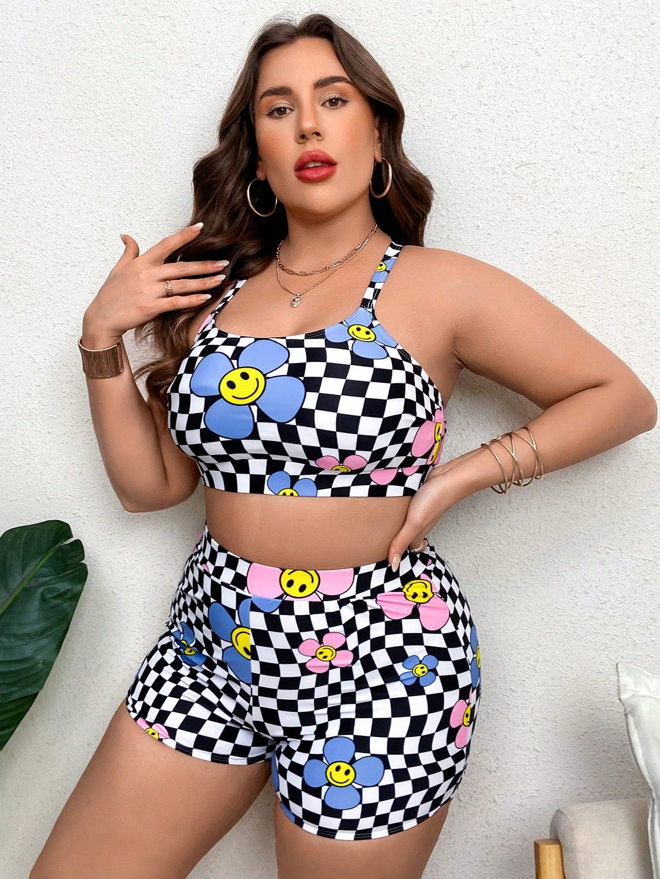 Khrim Reaper Swim Curve Artist Girlcore Summer Beach Plus Floral & Checker Print Bikini Set, Women Clothes, For Summer, Festival