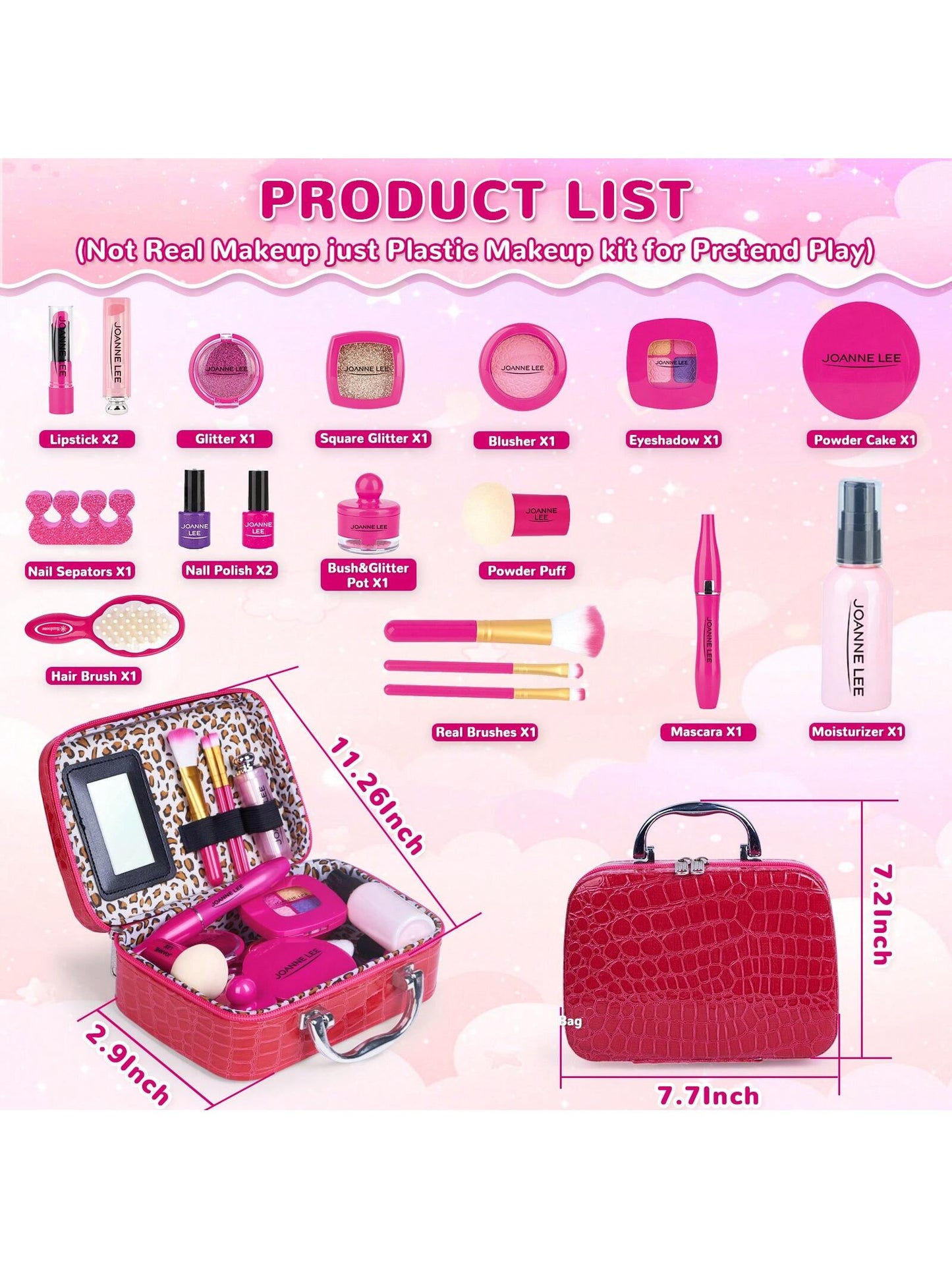 Kids Makeup Kit For Girls, Washable Makeup For Kids Toys, Baby Doll Accessories Princess Toys, With Mirror Storage Box Faux Leather, Not Real Makeup, 4 Year Old Girl Birthday Gifts