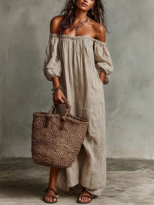 KZKZWK Triped Linen-Blend Maxi Dress, Off Shoulder Puff Sleeve Loose Fit, Casual Boho Vacation Sundress