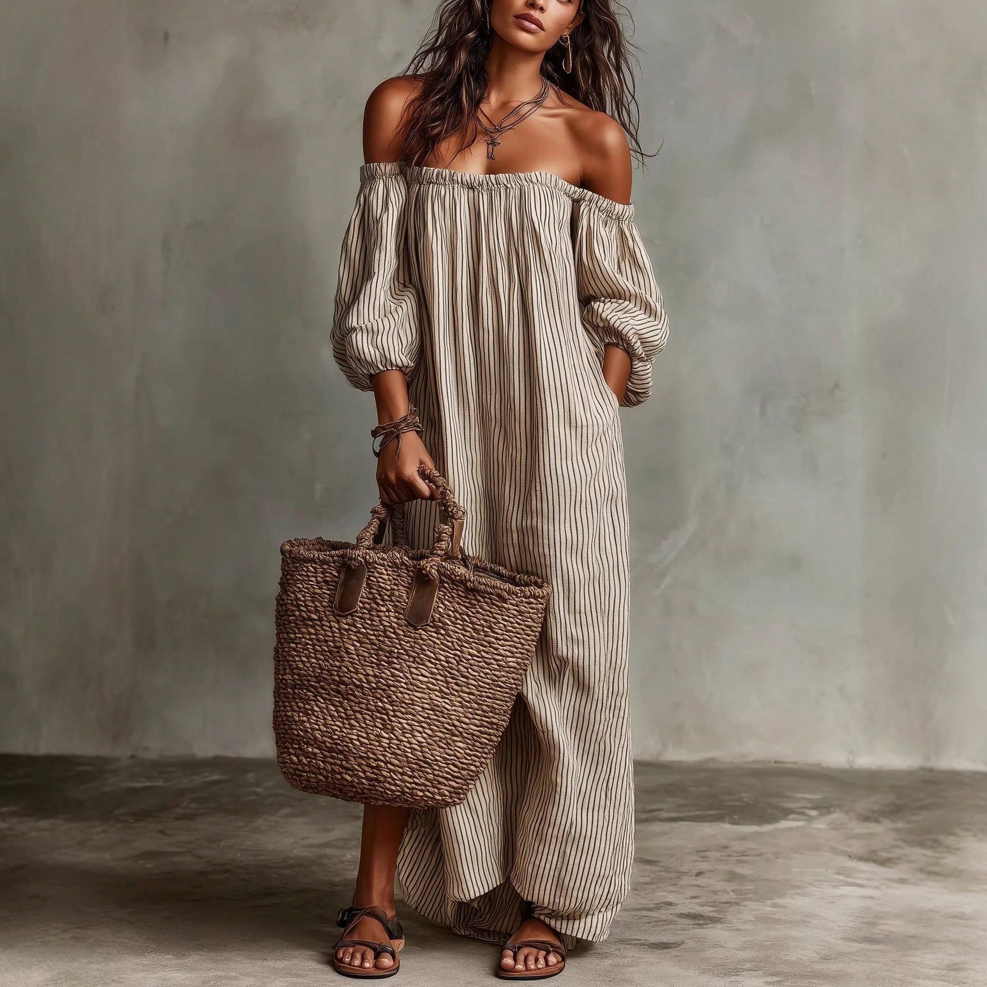 KZKZWK Triped Linen-Blend Maxi Dress, Off Shoulder Puff Sleeve Loose Fit, Casual Boho Vacation Sundress