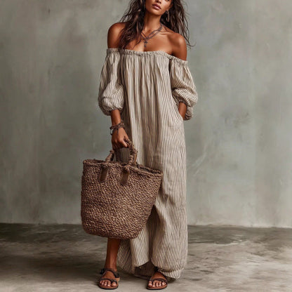 KZKZWK Triped Linen-Blend Maxi Dress, Off Shoulder Puff Sleeve Loose Fit, Casual Boho Vacation Sundress