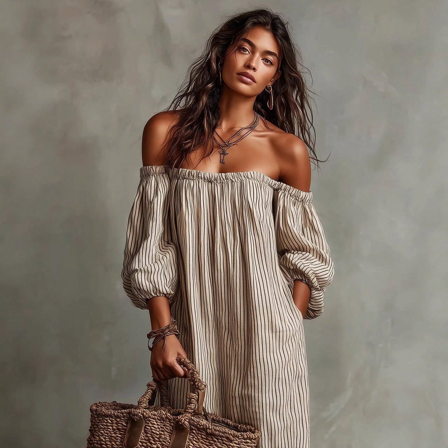 KZKZWK Triped Linen-Blend Maxi Dress, Off Shoulder Puff Sleeve Loose Fit, Casual Boho Vacation Sundress