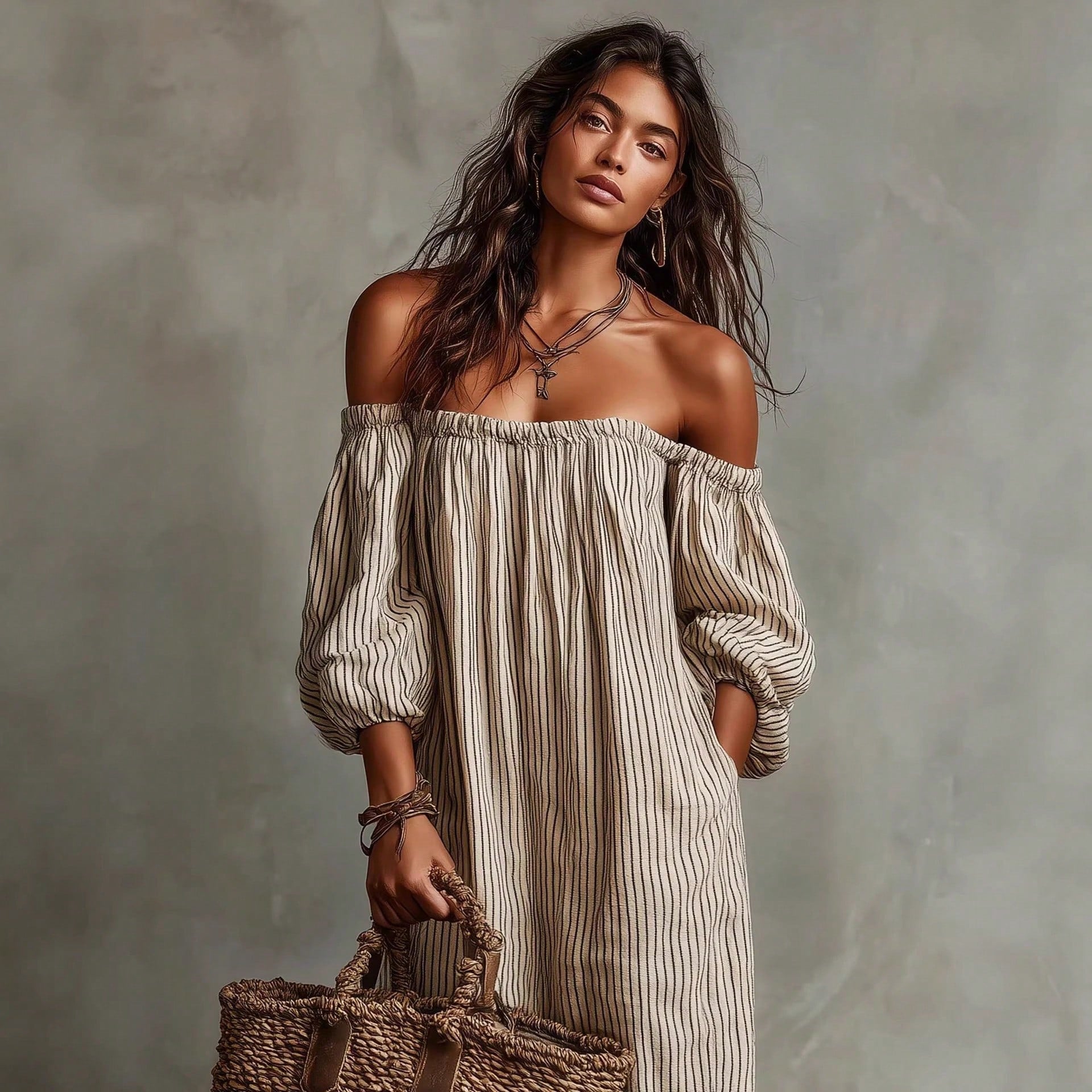 KZKZWK Triped Linen-Blend Maxi Dress, Off Shoulder Puff Sleeve Loose Fit, Casual Boho Vacation Sundress