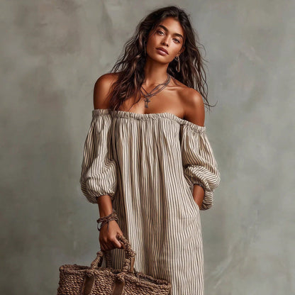 KZKZWK Triped Linen-Blend Maxi Dress, Off Shoulder Puff Sleeve Loose Fit, Casual Boho Vacation Sundress
