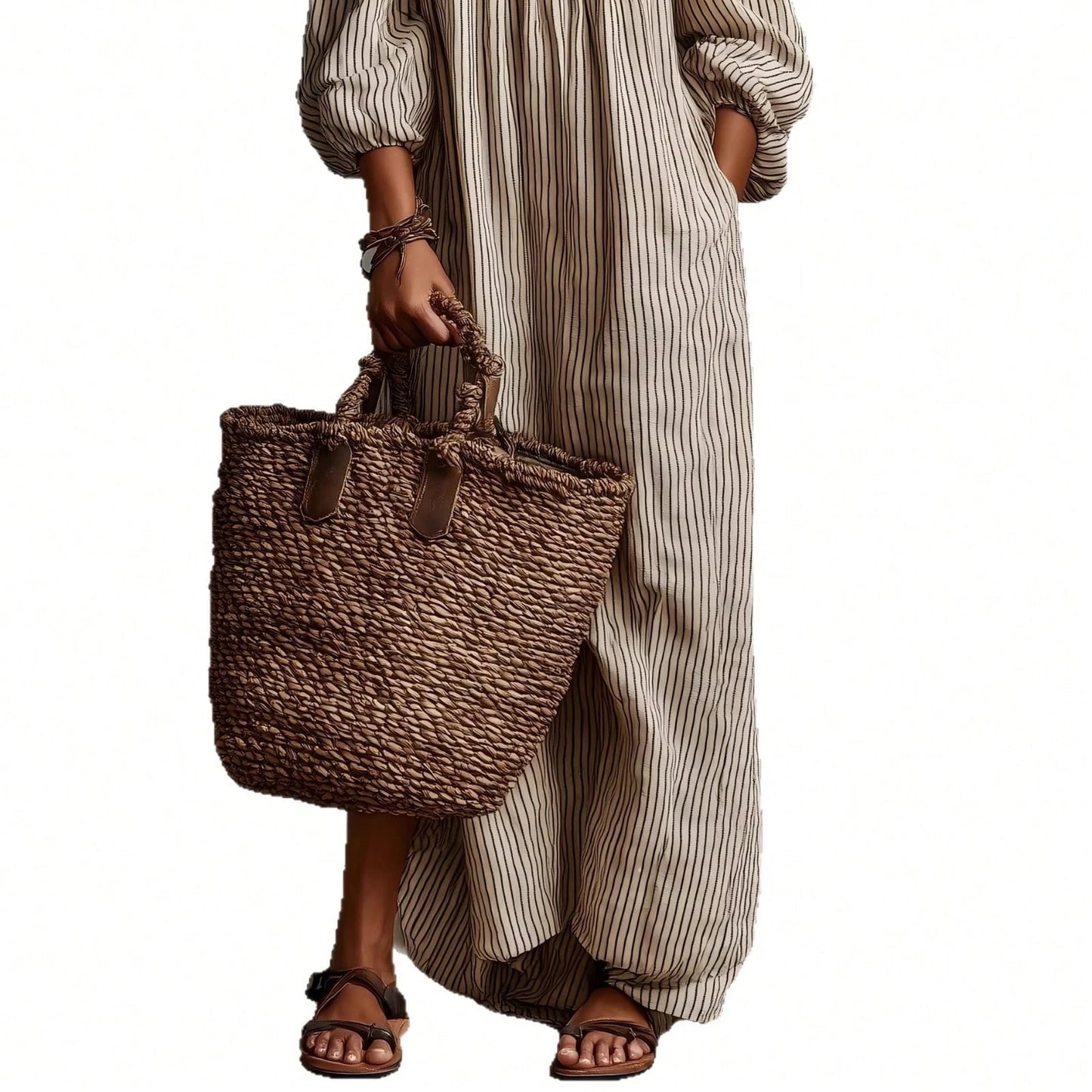 KZKZWK Triped Linen-Blend Maxi Dress, Off Shoulder Puff Sleeve Loose Fit, Casual Boho Vacation Sundress
