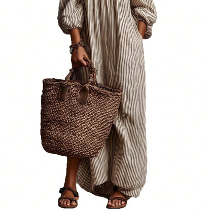 KZKZWK Triped Linen-Blend Maxi Dress, Off Shoulder Puff Sleeve Loose Fit, Casual Boho Vacation Sundress