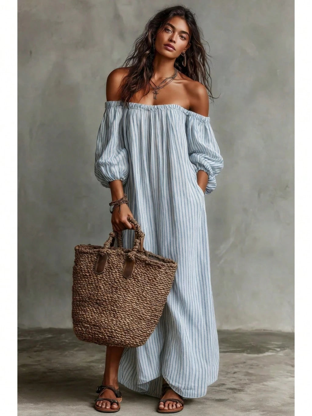 KZKZWK Triped Linen-Blend Maxi Dress, Off Shoulder Puff Sleeve Loose Fit, Casual Boho Vacation Sundress