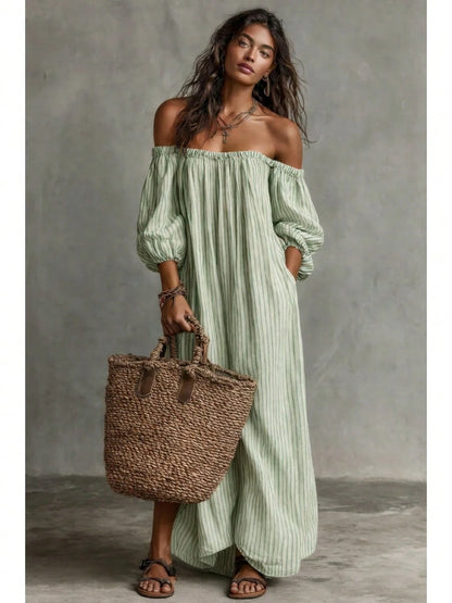 KZKZWK Triped Linen-Blend Maxi Dress, Off Shoulder Puff Sleeve Loose Fit, Casual Boho Vacation Sundress