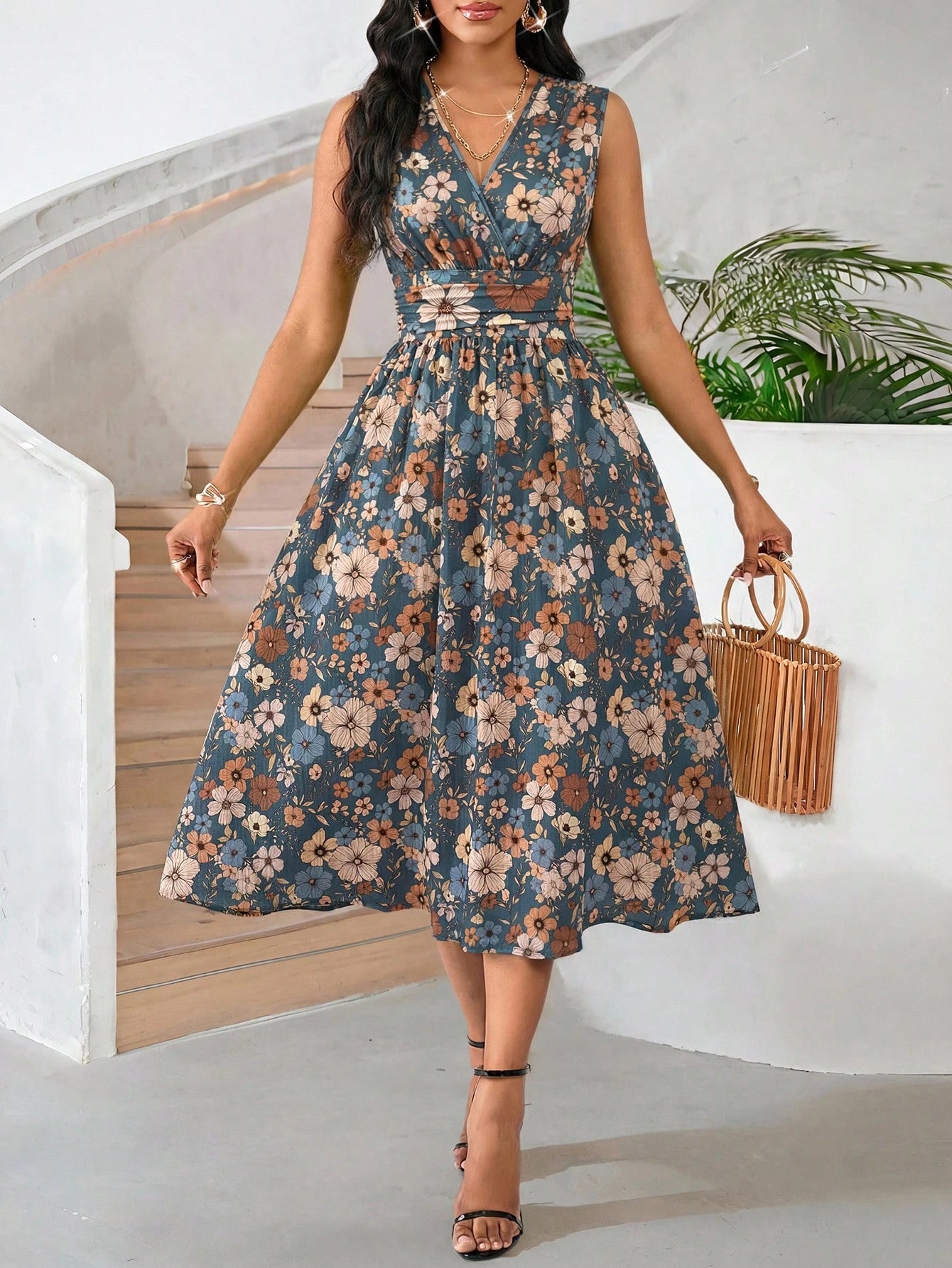 Lady Holiday Dresses Smudge-Dyed Gradient Abstract Graphic Print Mid-Length Sleeveless Summer Dress For Women Vacation Blue Floral Sexy Tropical