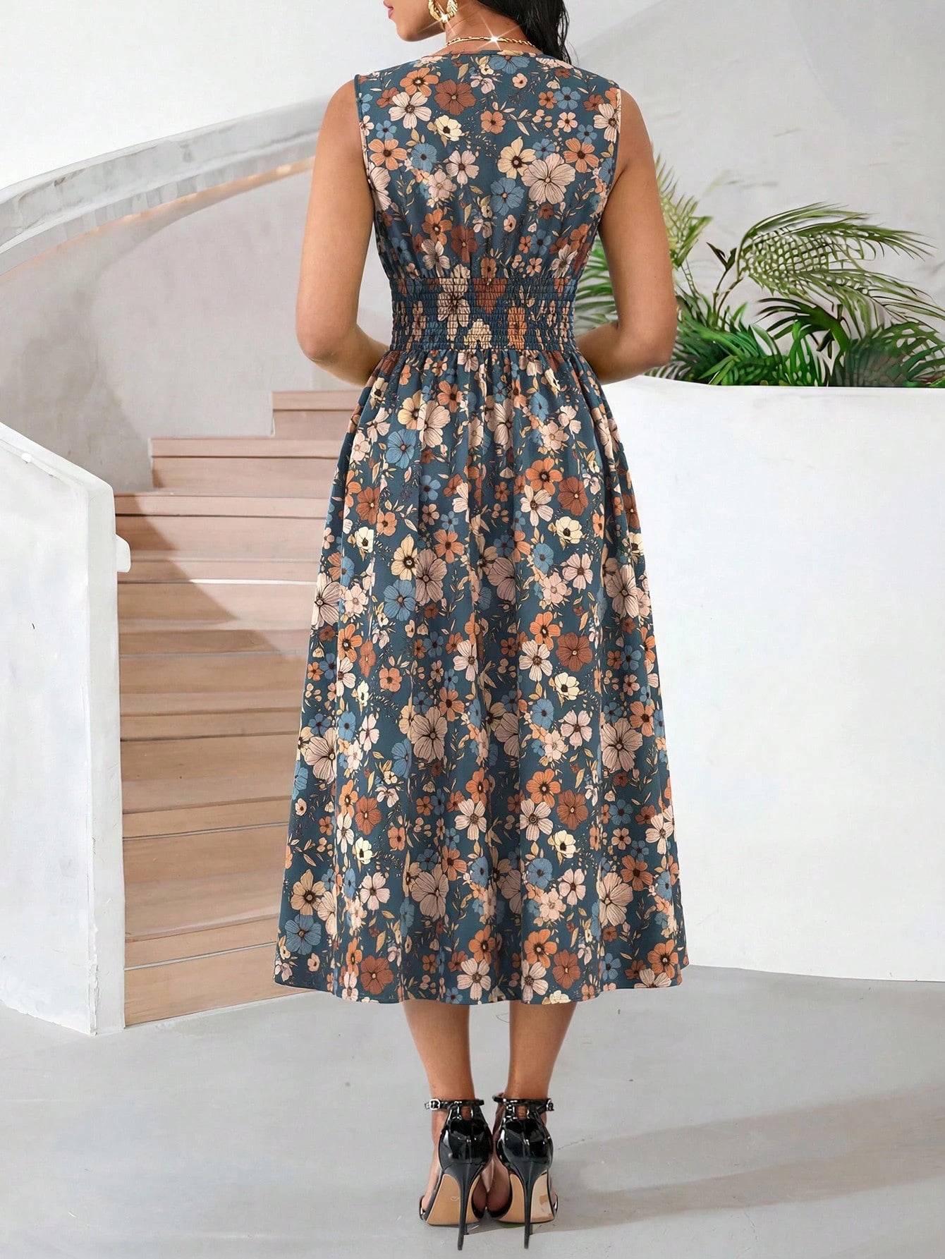 Lady Holiday Dresses Smudge-Dyed Gradient Abstract Graphic Print Mid-Length Sleeveless Summer Dress For Women Vacation Blue Floral Sexy Tropical