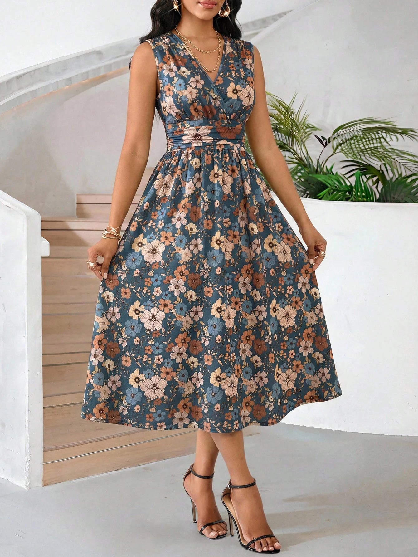 Lady Holiday Dresses Smudge-Dyed Gradient Abstract Graphic Print Mid-Length Sleeveless Summer Dress For Women Vacation Blue Floral Sexy Tropical