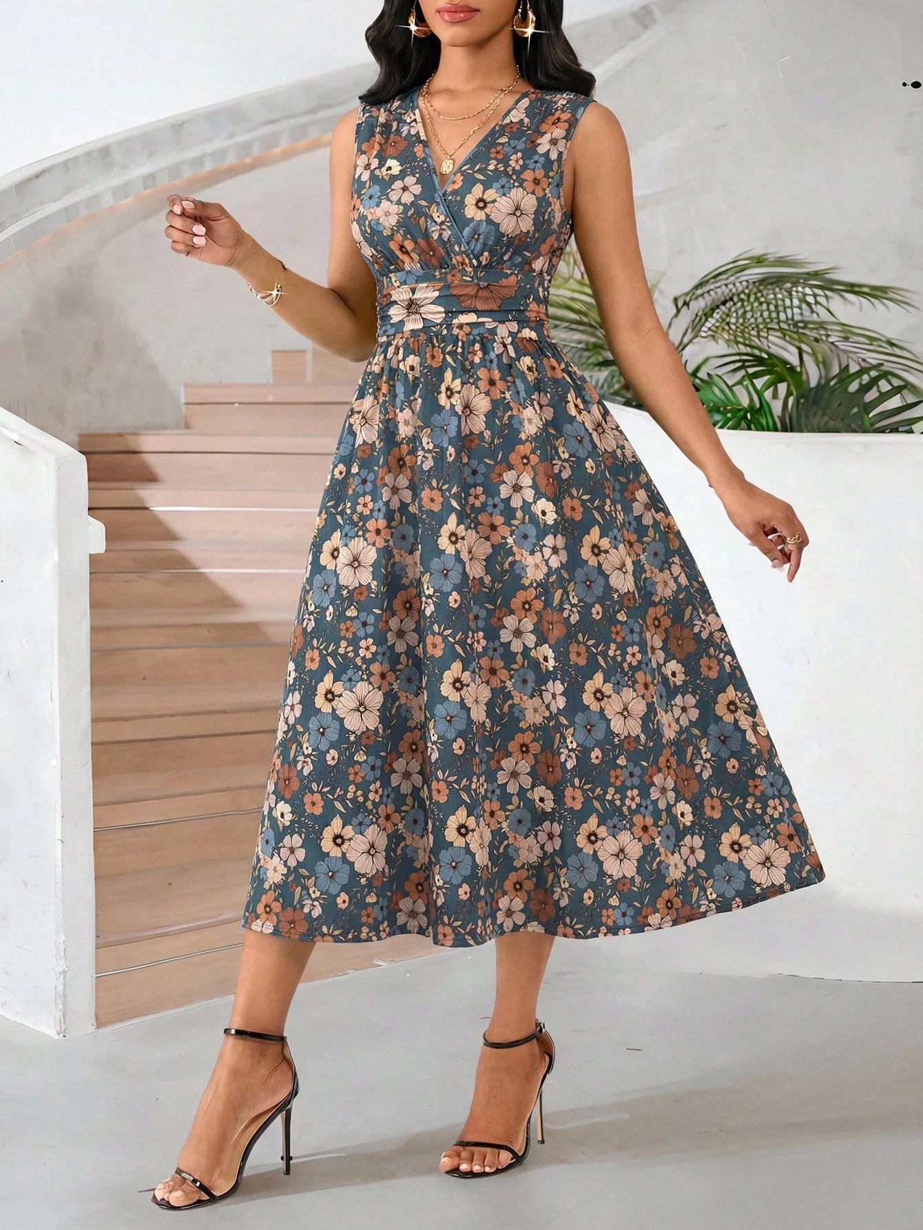 Lady Holiday Dresses Smudge-Dyed Gradient Abstract Graphic Print Mid-Length Sleeveless Summer Dress For Women Vacation Blue Floral Sexy Tropical