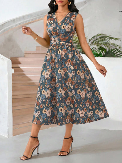 Lady Holiday Dresses Smudge-Dyed Gradient Abstract Graphic Print Mid-Length Sleeveless Summer Dress For Women Vacation Blue Floral Sexy Tropical