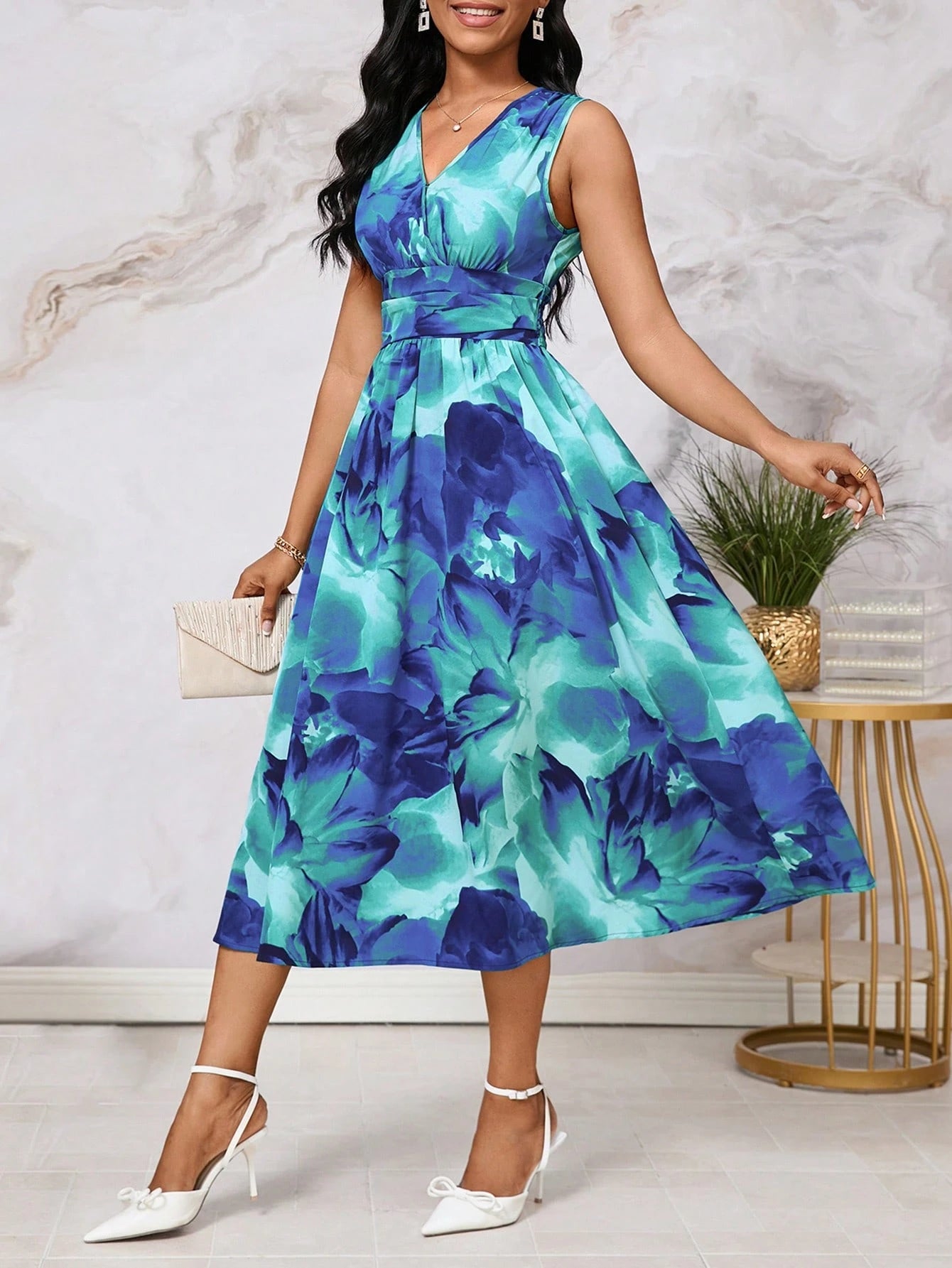 Lady Holiday Dresses Smudge-Dyed Gradient Abstract Graphic Print Mid-Length Sleeveless Summer Dress For Women Vacation Blue Floral Sexy Tropical