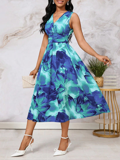 Lady Holiday Dresses Smudge-Dyed Gradient Abstract Graphic Print Mid-Length Sleeveless Summer Dress For Women Vacation Blue Floral Sexy Tropical