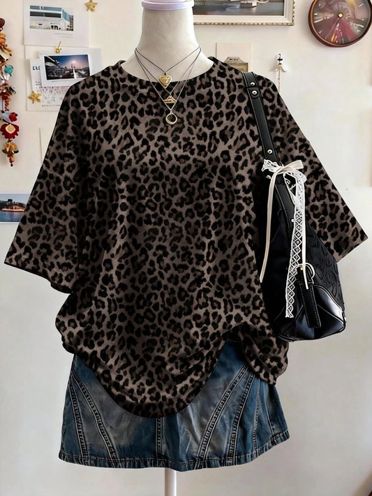 Lalippa Leopard Print Digital Pattern Women Plus Size Loose Fit Round Neck Drop Shoulder Long T-Shirt, Gift For Friends
