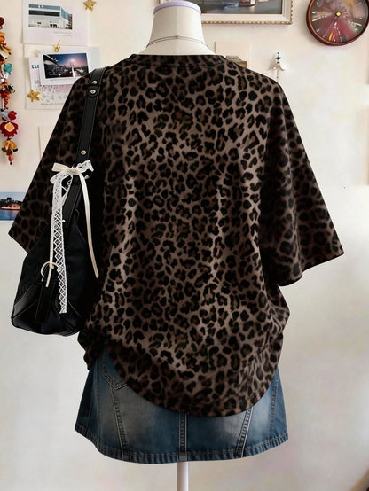 Lalippa Leopard Print Digital Pattern Women Plus Size Loose Fit Round Neck Drop Shoulder Long T-Shirt, Gift For Friends