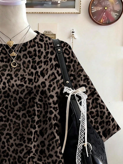 Lalippa Leopard Print Digital Pattern Women Plus Size Loose Fit Round Neck Drop Shoulder Long T-Shirt, Gift For Friends