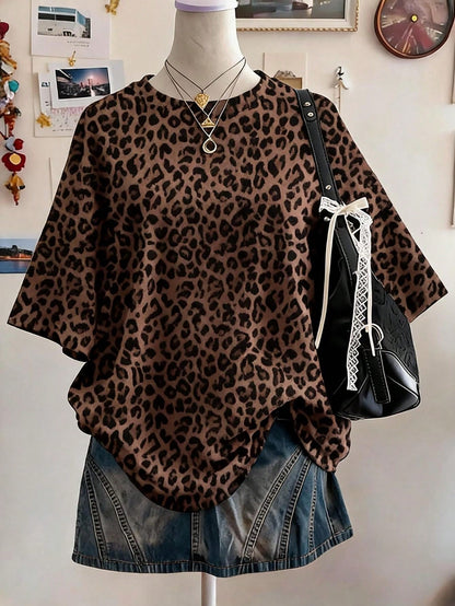 Lalippa Leopard Print Digital Pattern Women Plus Size Loose Fit Round Neck Drop Shoulder Long T-Shirt, Gift For Friends