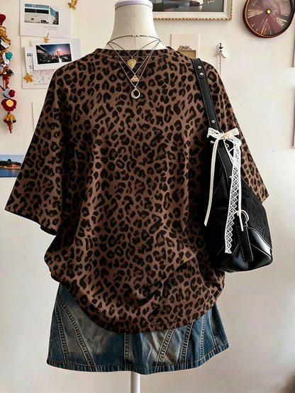 Lalippa Leopard Print Digital Pattern Women Plus Size Loose Fit Round Neck Drop Shoulder Long T-Shirt, Gift For Friends