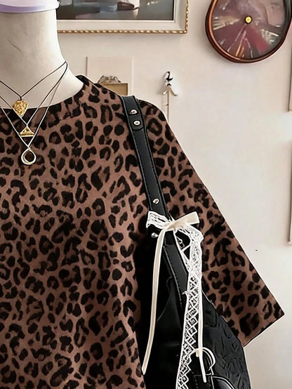 Lalippa Leopard Print Digital Pattern Women Plus Size Loose Fit Round Neck Drop Shoulder Long T-Shirt, Gift For Friends