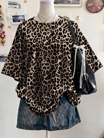 Lalippa Leopard Print Digital Pattern Women Plus Size Loose Fit Round Neck Drop Shoulder Long T-Shirt, Gift For Friends