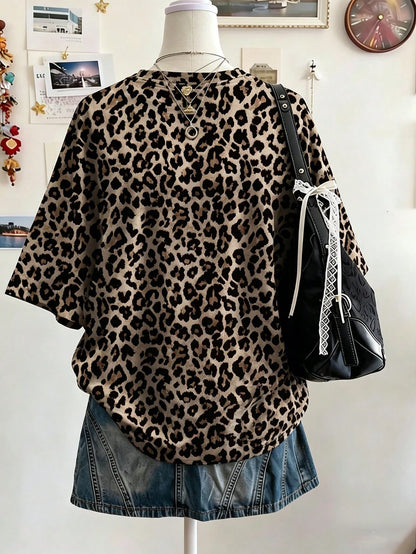Lalippa Leopard Print Digital Pattern Women Plus Size Loose Fit Round Neck Drop Shoulder Long T-Shirt, Gift For Friends