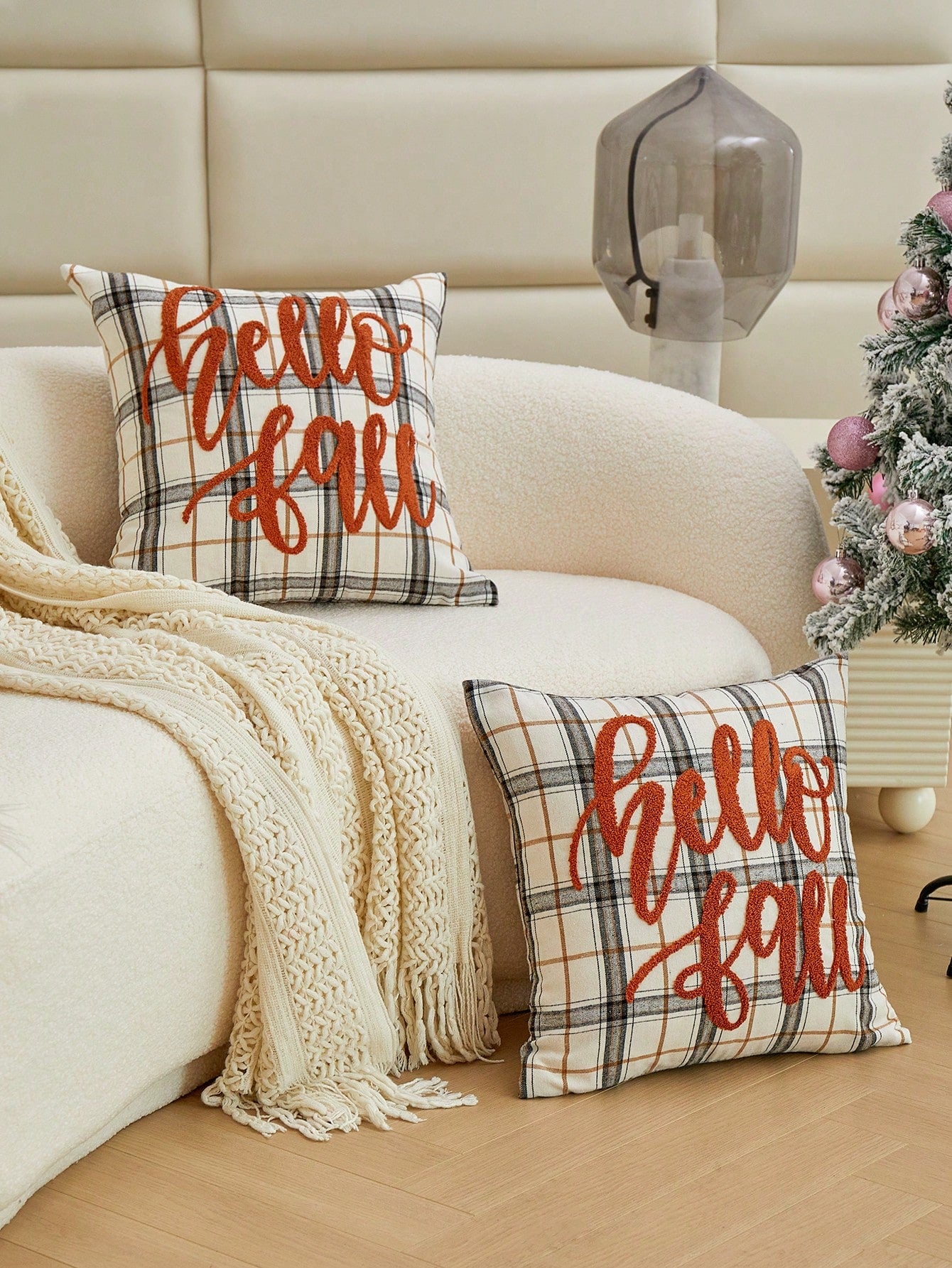 LCUHPCL 1pc All Season Commute Autumn/Winter Plaid Hello Fall Embroidered Pillow Case, Home Decor Suitable For Living Room, Bedroom, Party And Various Environments